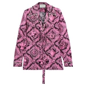 NWT Gucci Pink Embellished Modern Future Silk Blouse Faux Pearl Buttons 40 Italy